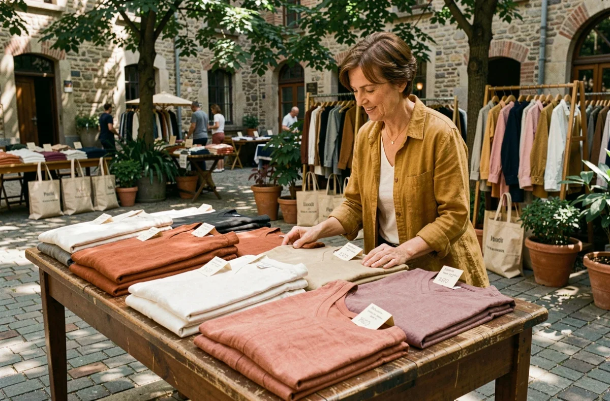 Femme parcourant des vêtements durables en tons terreux sur un marché vintage en plein air pavé