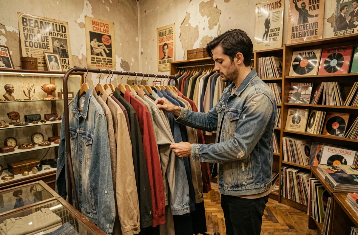 Intérieur du concept store vintage Météore à Lyon avec des vêtements rétro sur des portants en fer, des accessoires vintage et des disques vinyles
