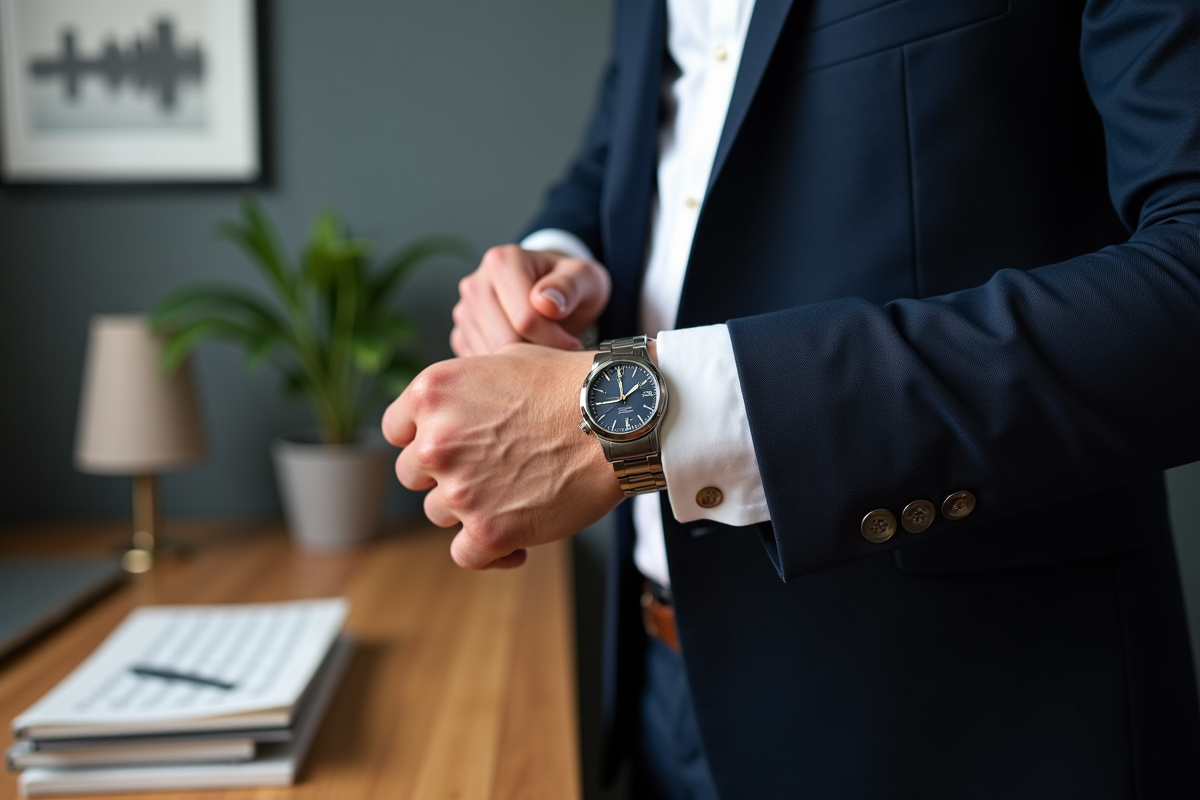 Homme élégant ajustant sa montre en bureau moderne