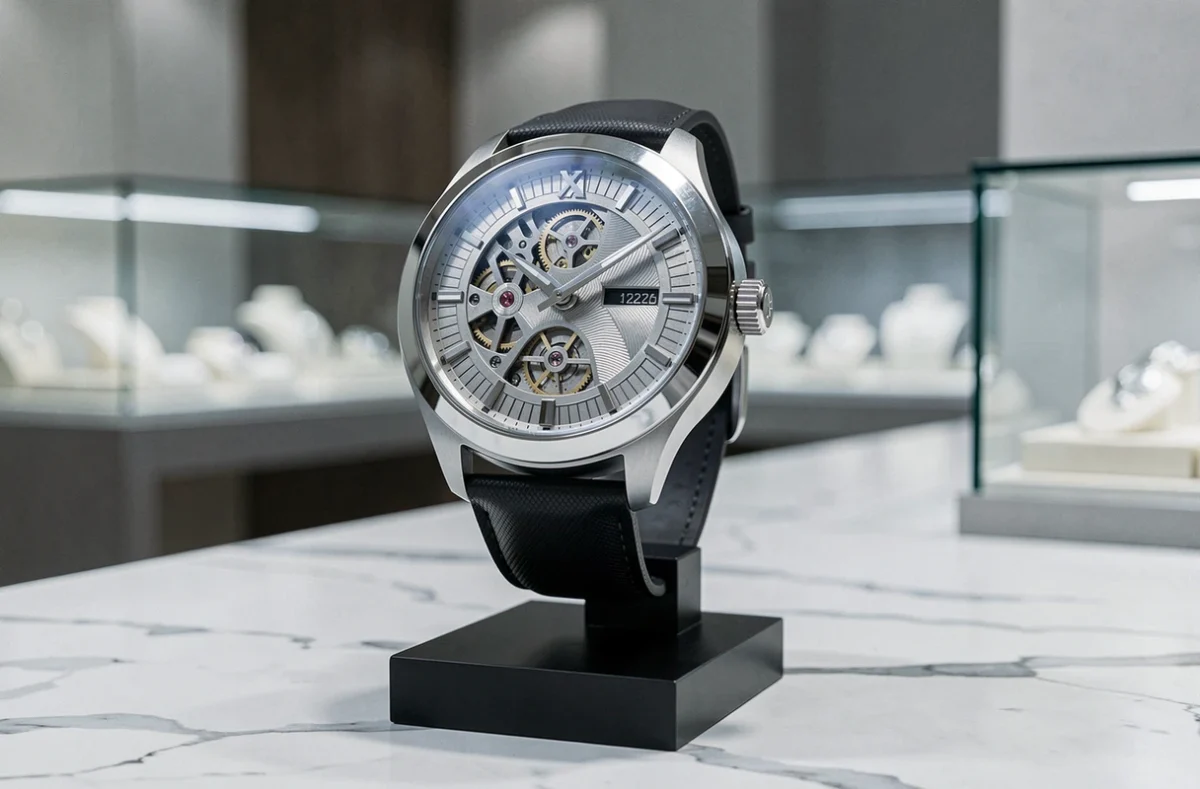 Montre moderne squelettée ultra-luxe sur présentoir en acrylique noir dans une boutique joaillière contemporaine, illustrant les montres les plus chères en 2026