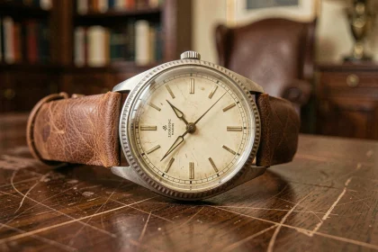 Montre vintage de luxe à cadran patiné posée sur un rouleau en cuir brun, dans un bureau de collectionneur, évoquant les montres les plus chères au monde