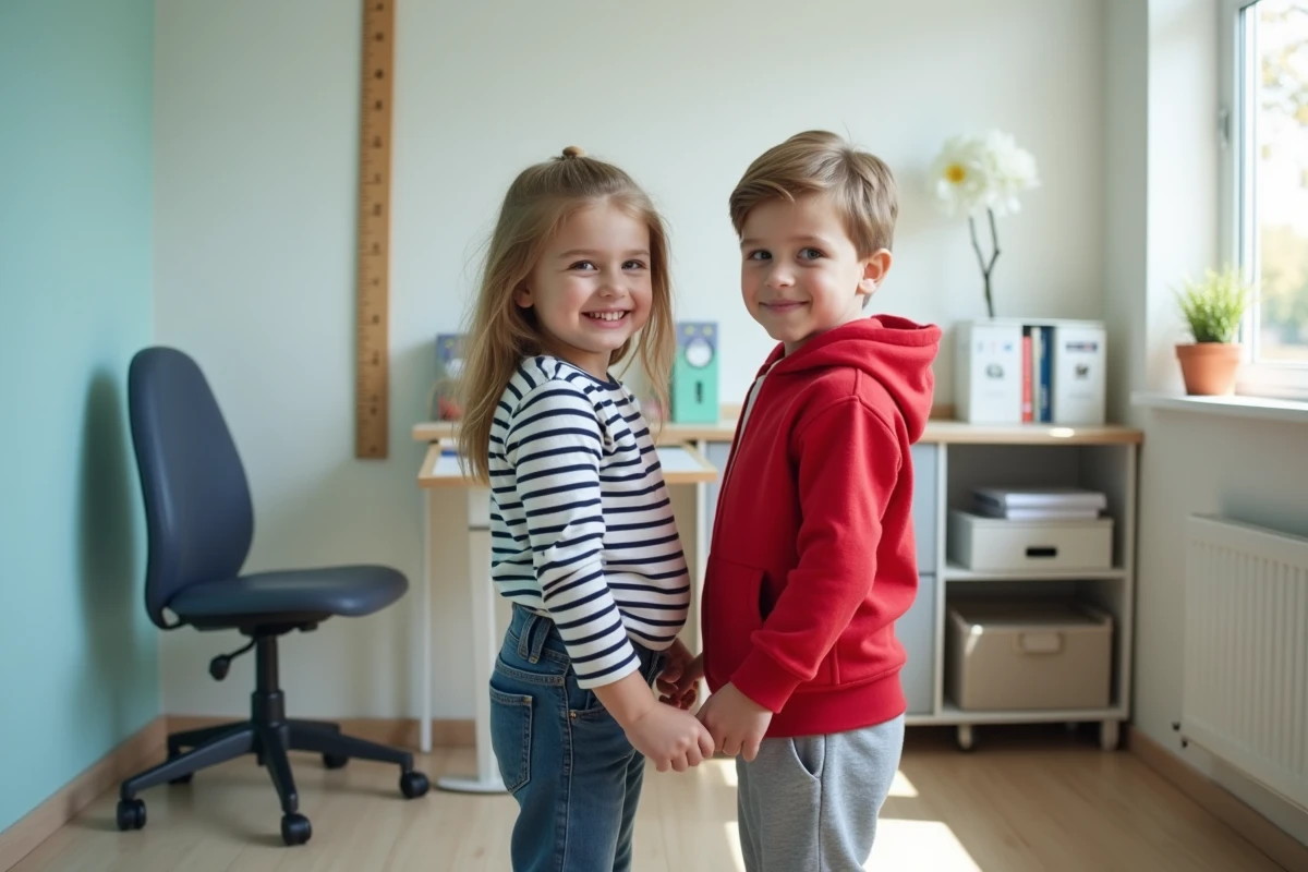 Deux enfants de morphologies différentes mesurés dans un cabinet médical, comparaison de taille 116 et de l'âge réel