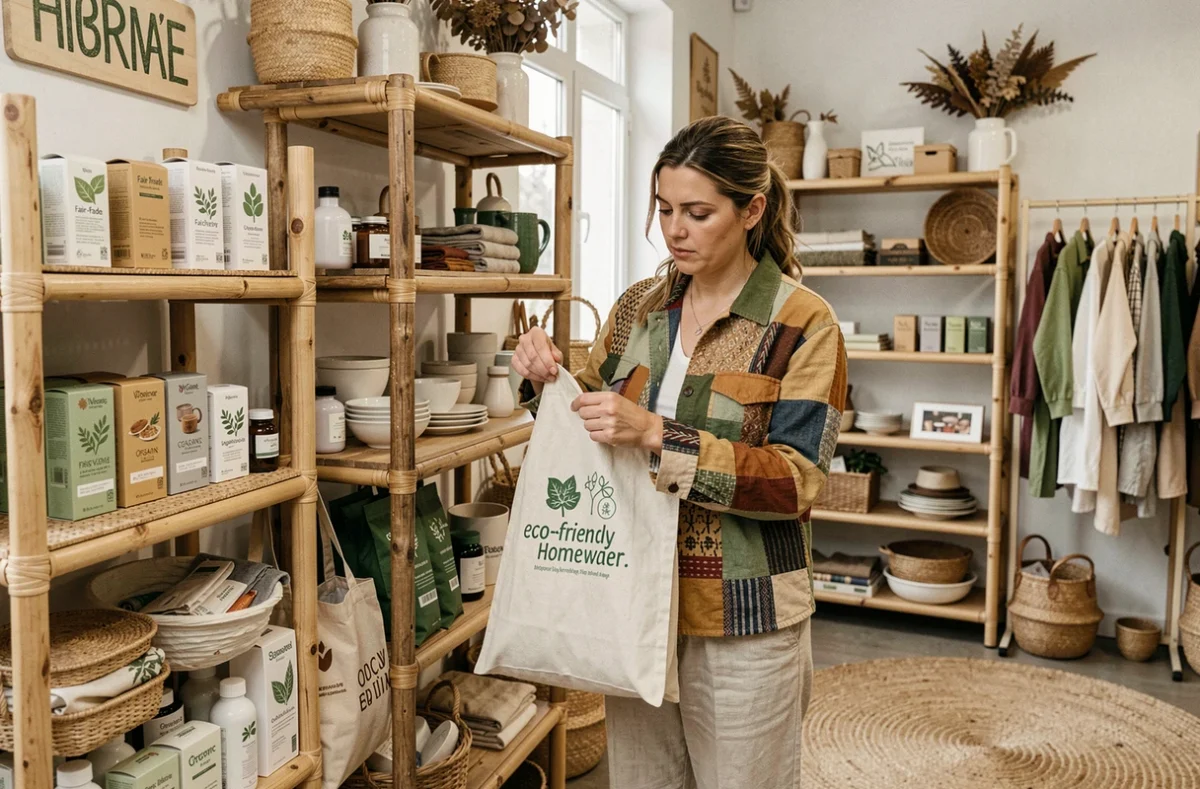 Intérieur du concept store éthique Orijjine à Vienne avec des vêtements équitables, des cosmétiques biologiques et des objets éco-responsables sur des étagères en rotin naturel