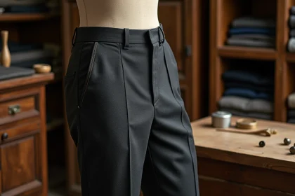 Pantalon de luxe en laine cachemire exposé sur un mannequin dans un atelier de haute couture parisien