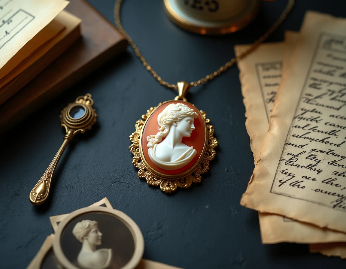 Pendentif camée ancien en or avec certificat d'authenticité et outils d'expertise sur ardoise sombre