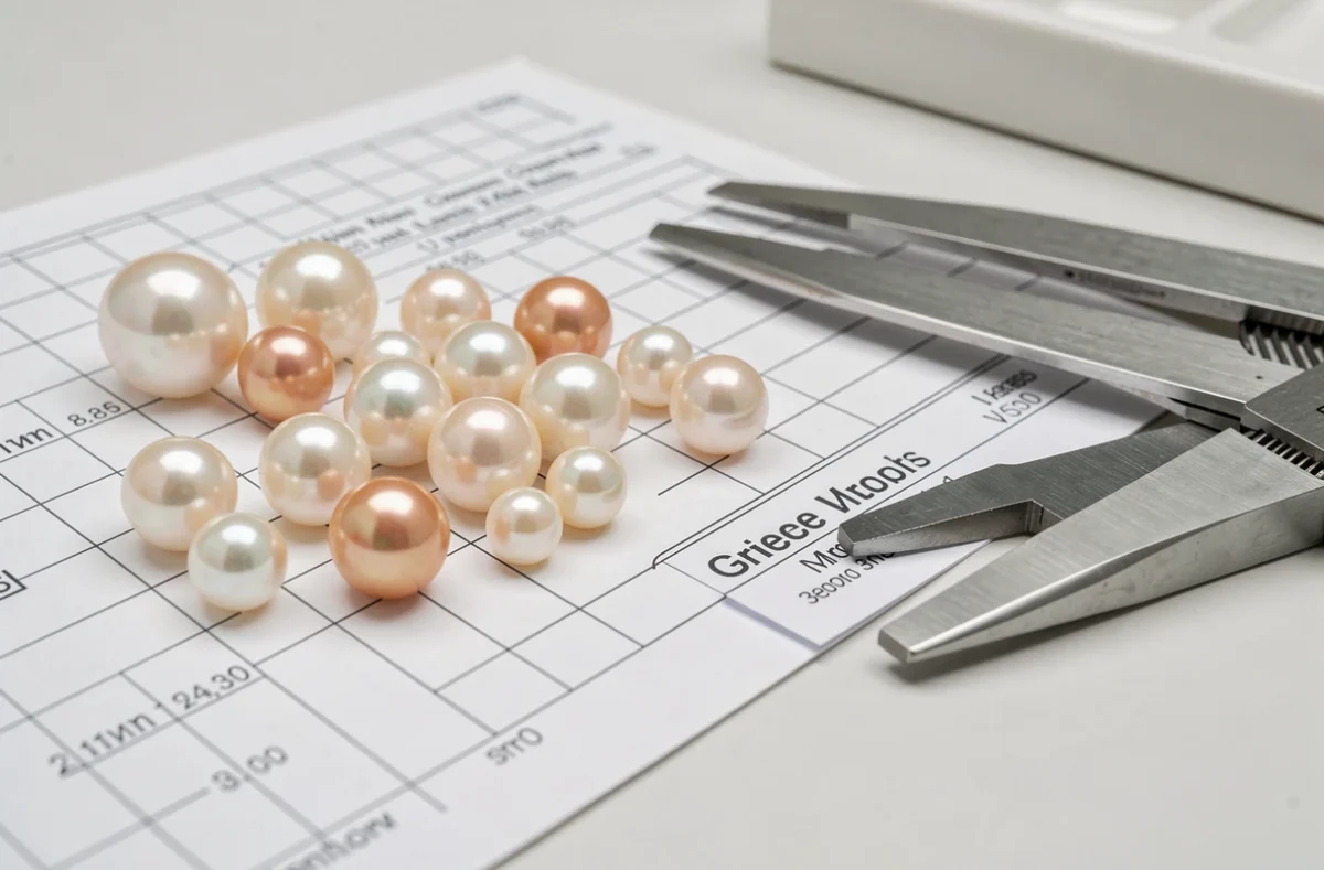 Perles de culture calibrées sur une grille de mesure avec un pied à coulisse et une fiche de classification