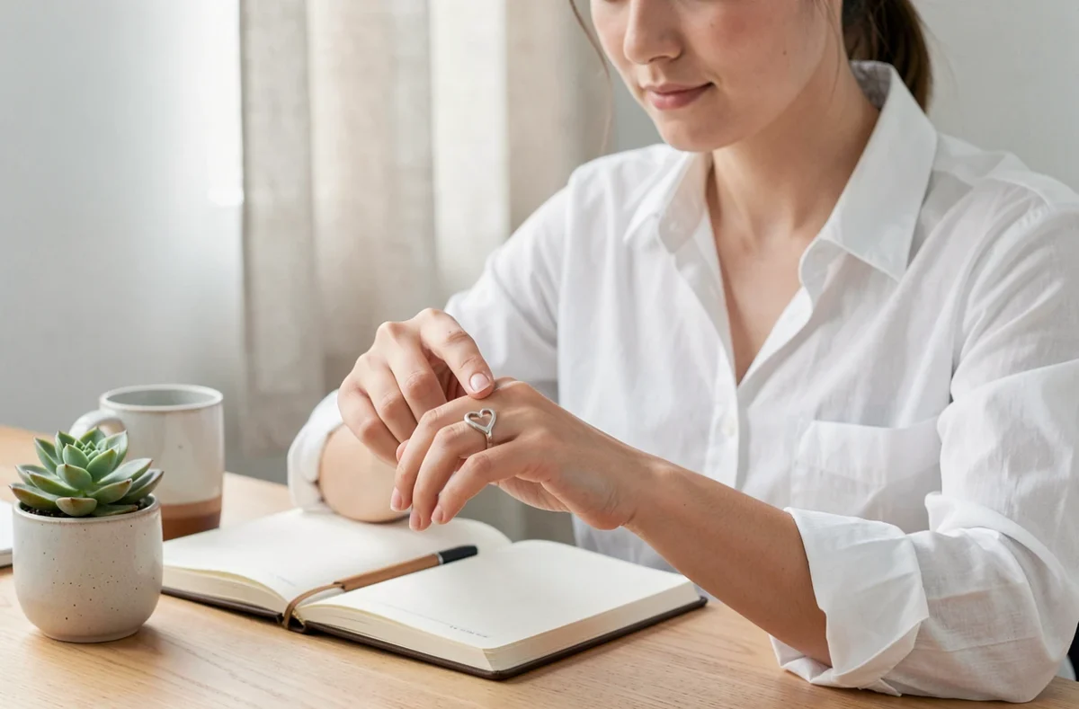 Femme enfilant une bague amitié cœur BFF en argent à son bureau à la maison