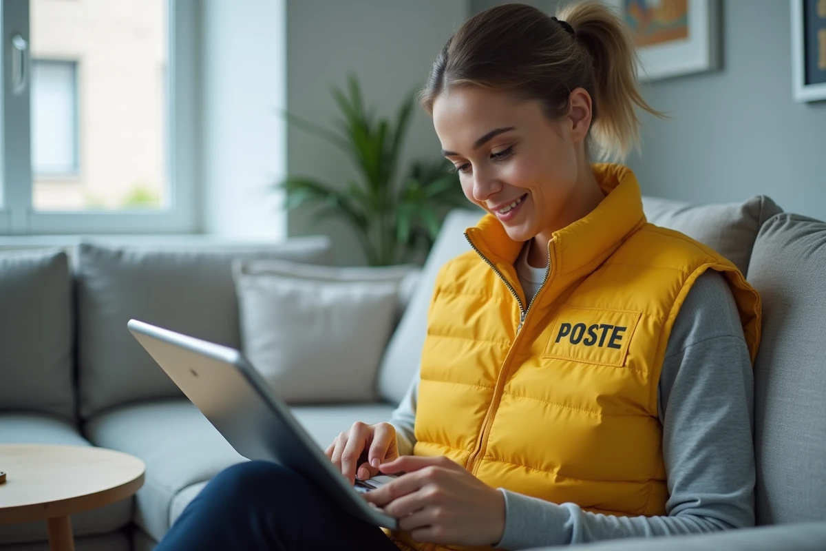 Postière en gilet jaune consultant le portail vestimentaire La Poste sur une tablette depuis son salon