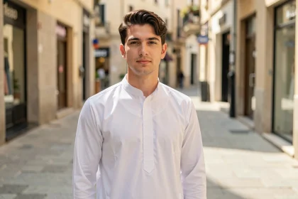 Jeune homme en qamis blanc classique dans une rue pavée urbaine, style traditionnel élégant