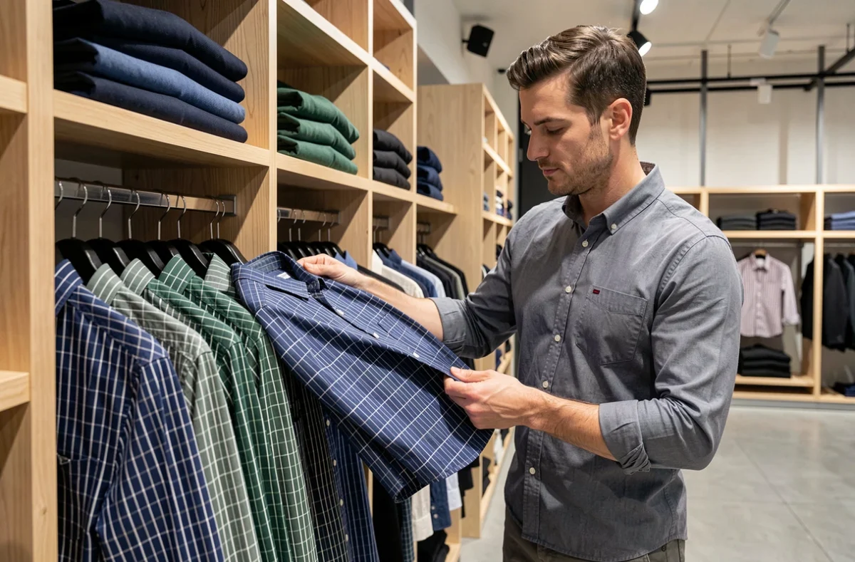 Homme examinant la qualité des chemises vichy Celio dans un magasin de vêtements masculins moderne