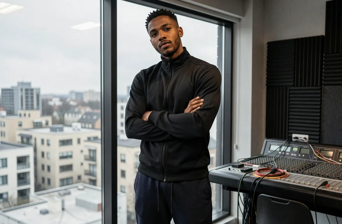Rappeur aux origines nord-africaines filmé dans un studio d'enregistrement moderne, visage dévoilé devant une grande fenêtre urbaine, posture ouverte et regard pensif