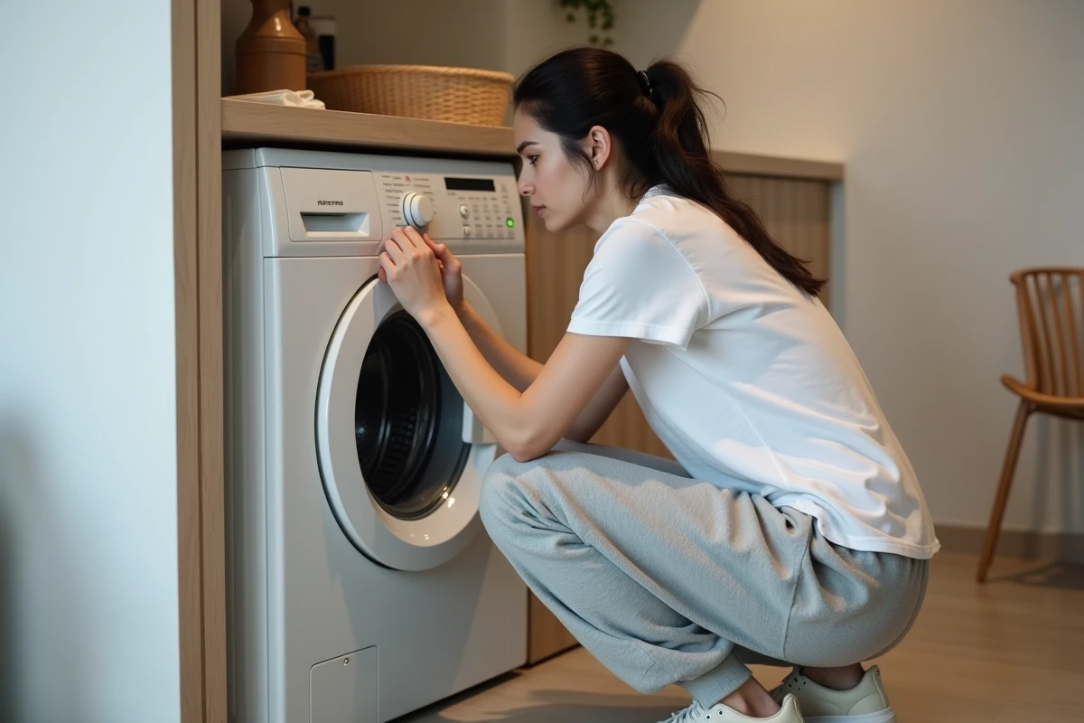Femme réglant le programme délicat d'un lave-linge pour laver ses Converse en toile blanche