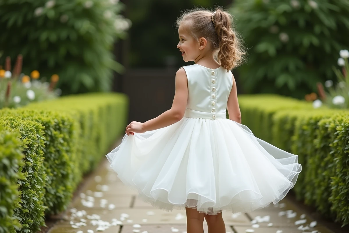 Fillette en robe blanche de cérémonie coupe A-line satin et tulle tournoyant dans un jardin fleuri