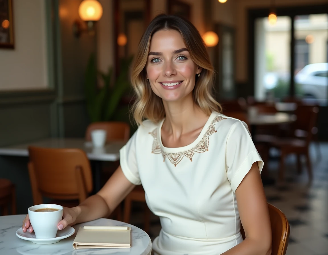 Femme assise dans un café parisien portant une robe droite SINEQUANONE ivoire brodée, adaptée aux morphologies longilignes et petites