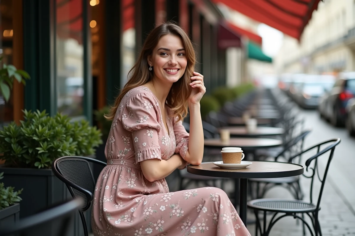 Femme ronde en robe florale longueur genou assise en terrasse de café parisien