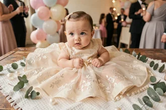 Bébé fille en robe élégante ivoire brodée pour une fête, posée sur un plaid blanc avec décoration eucalyptus et perles