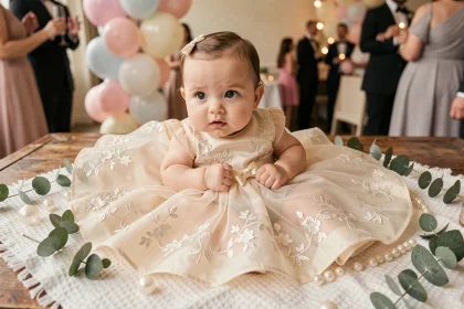 Bébé fille en robe élégante ivoire brodée pour une fête, posée sur un plaid blanc avec décoration eucalyptus et perles