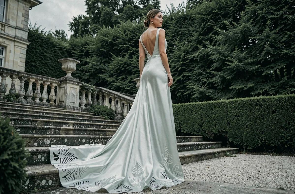 Robe de mariée 2026 minimaliste en charmeuse de soie avec ourlet botanique au laser photographiée dans un jardin de château français
