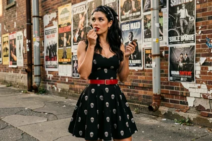 Femme en robe rock and roll noire à imprimés têtes de mort et ceinture rouge en cuir, posant devant un mur de briques avec des affiches de concerts vintage