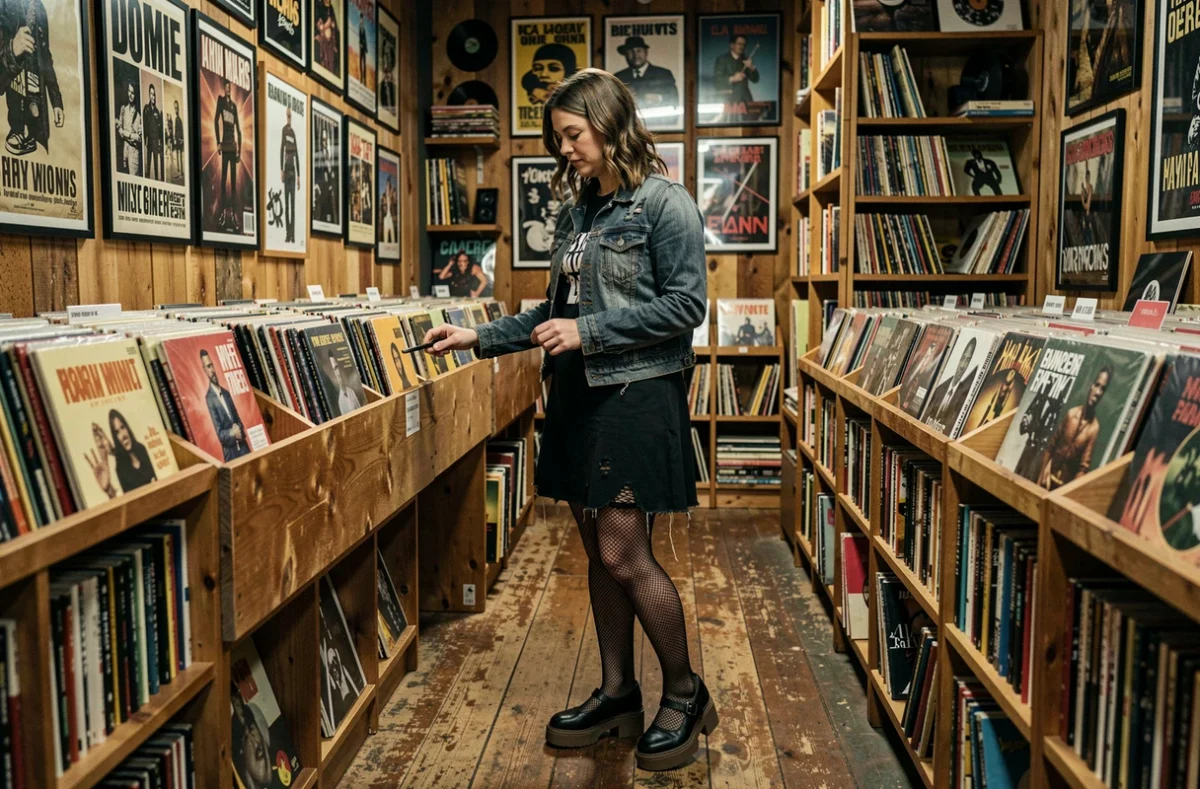 Femme en robe rock noire style band-tee et veste en jean, feuilletant des vinyles dans un magasin de disques indépendant avec des affiches vintage