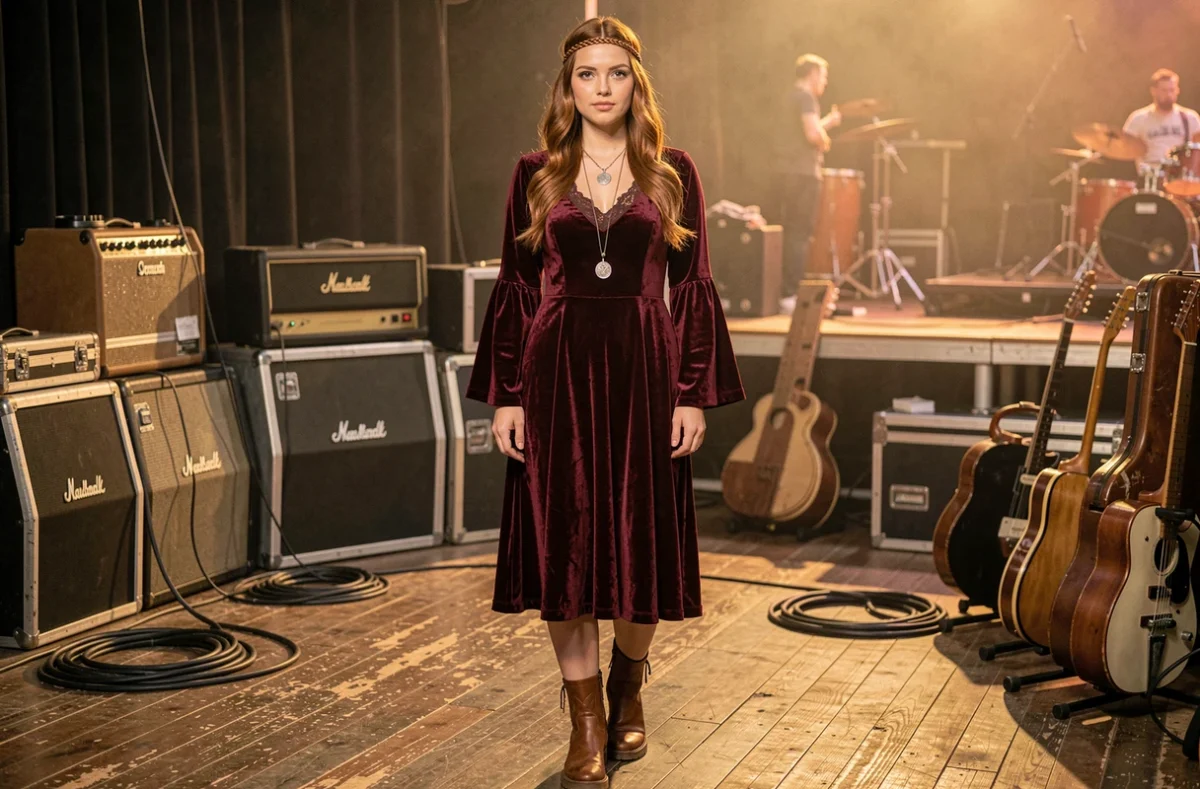 Femme en robe velours bordeaux manches évasées style années 70, posant en coulisses entourée d'amplificateurs et d'étuis de guitare vintage