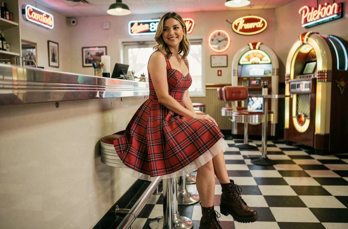 Femme en robe rockabilly à carreaux rouge et noir avec jupon et bottines, assise dans un diner américain rétro des années 50