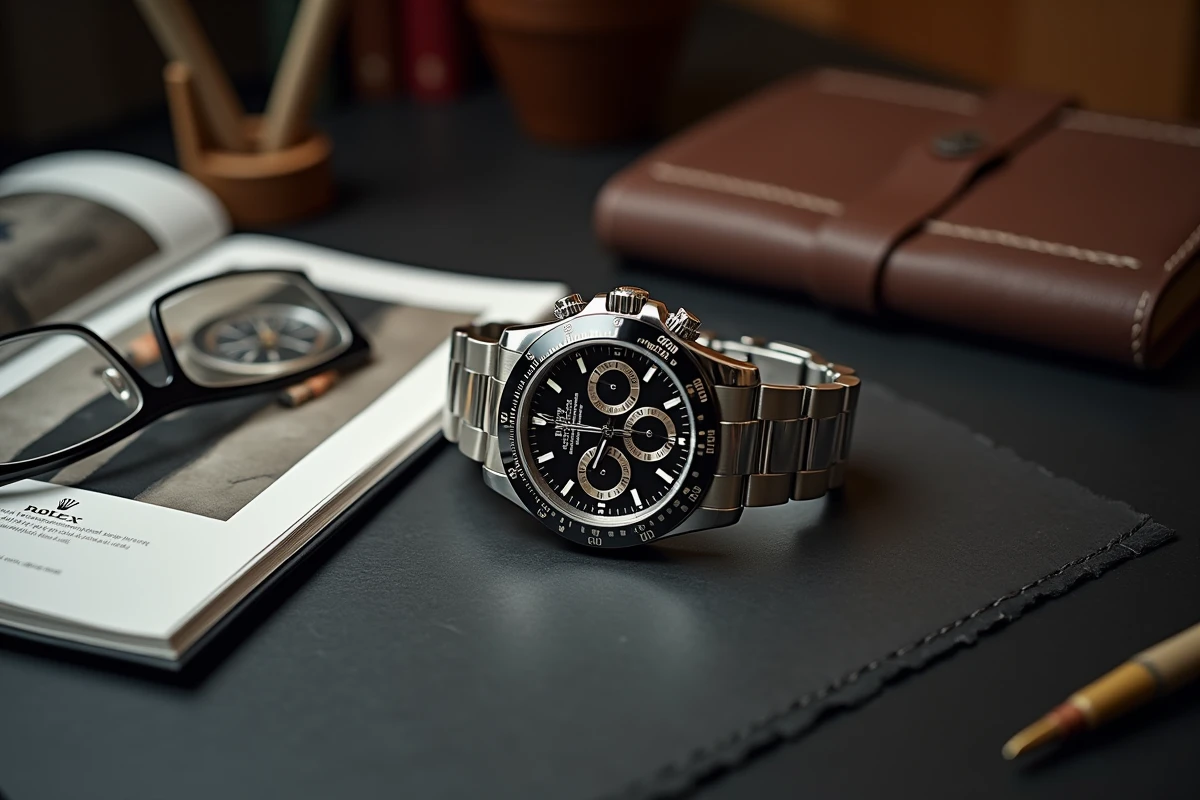Montre Rolex Daytona posée sur une table de bureau avec un catalogue de montres de luxe
