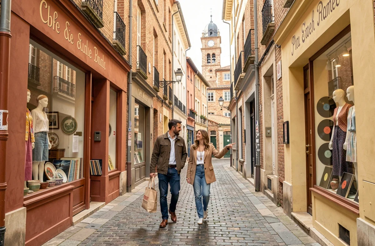 Rue piétonne du centre de Toulouse avec des façades de boutiques vintage et un couple faisant du shopping