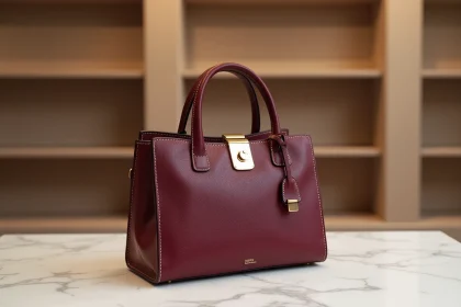 Sac à main vegan structuré en bordeaux fabriqué en Piñatex posé sur du marbre dans une boutique parisienne minimaliste