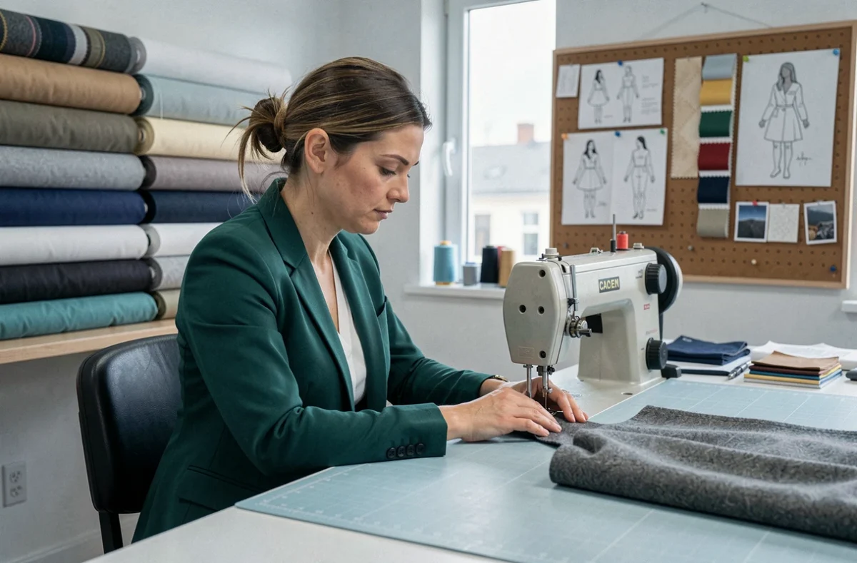 Couturière en veston émeraude travaillant à la machine à coudre dans l'atelier Sarylna Création à Caen