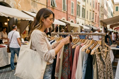 Femme faisant du shopping à un marché de rue à Marseille, inspectant un foulard coloré avec un sac cabas, ambiance méditerranéenne authentique