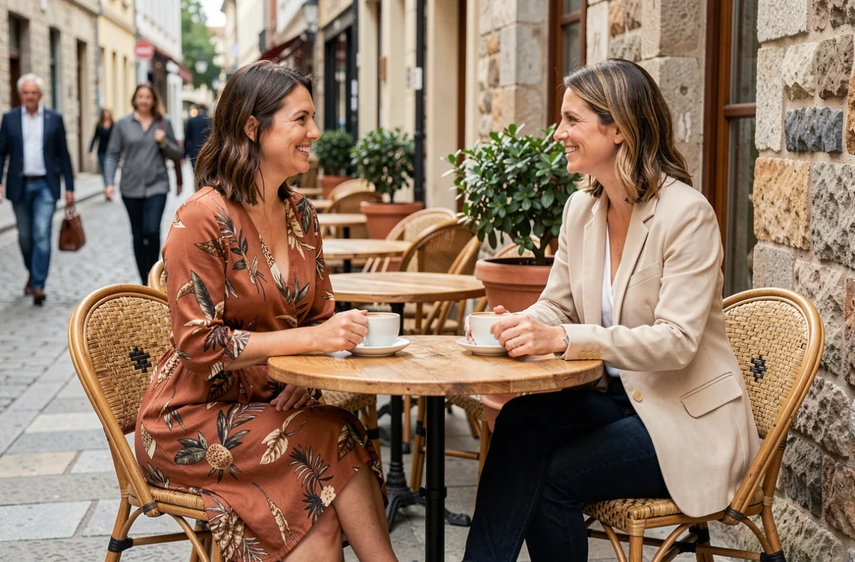 Deux femmes attablées en terrasse portant des tenues Kiabi variées en 2026, robe midi imprimée et blazer oversize écru