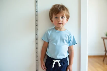 Enfant de taille 116 cm debout contre un mur avec un mètre ruban, illustrant la morphologie typique d'un enfant de 5 à 6 ans
