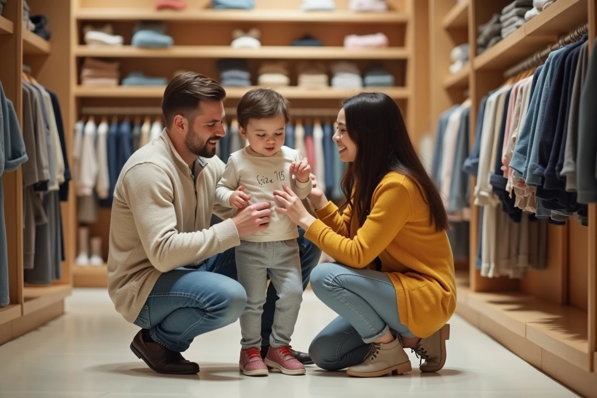 Parent vérifiant la taille 116 d'un vêtement sur un enfant dans un magasin, guide morphologie et taille vestimentaire enfant