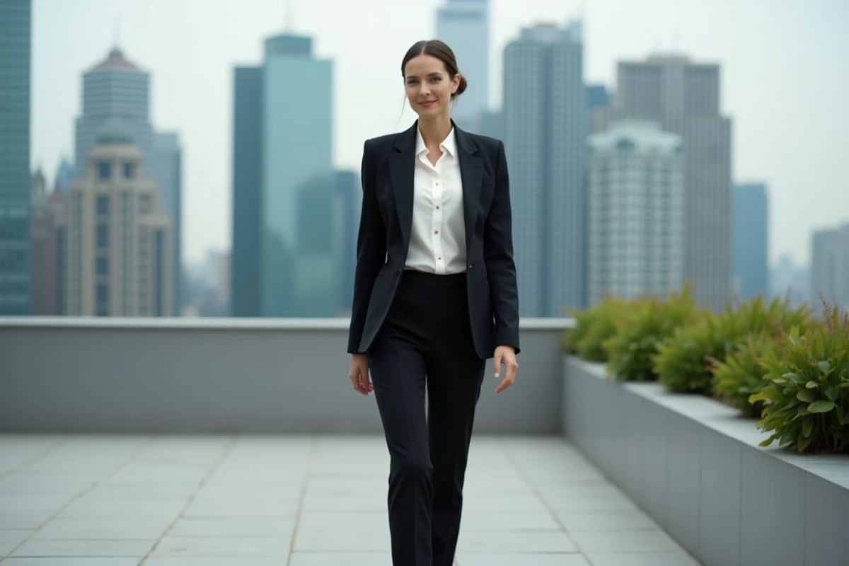 Femme en tailleur noir Mango structuré sur un rooftop urbain moderne pour un mariage au style citadin contemporain