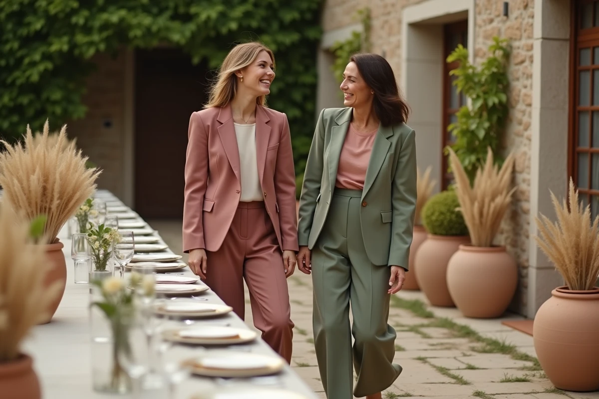 Deux femmes en tailleurs Mango rose et vert sauge riant à une table de réception champêtre pour un mariage bohème chic