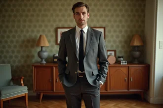 Homme en costume gris slim et cravate fine dans un intérieur vintage années 60, tenue soirée à thème