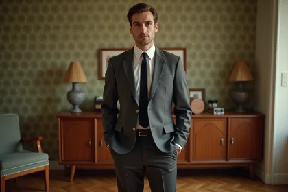 Homme en costume gris slim et cravate fine dans un intérieur vintage années 60, tenue soirée à thème