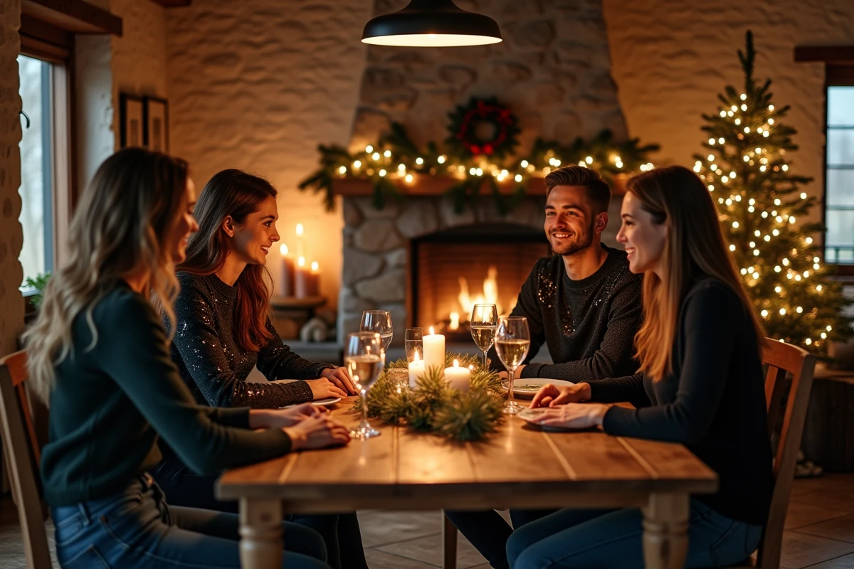 Groupe d'amis en tenues festives autour d'une table pour un réveillon du Nouvel An à la campagne