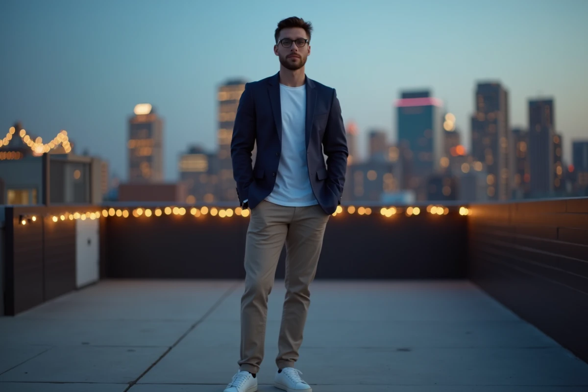 Homme en tenue smart casual sur un rooftop pour fêter le Nouvel An en ville