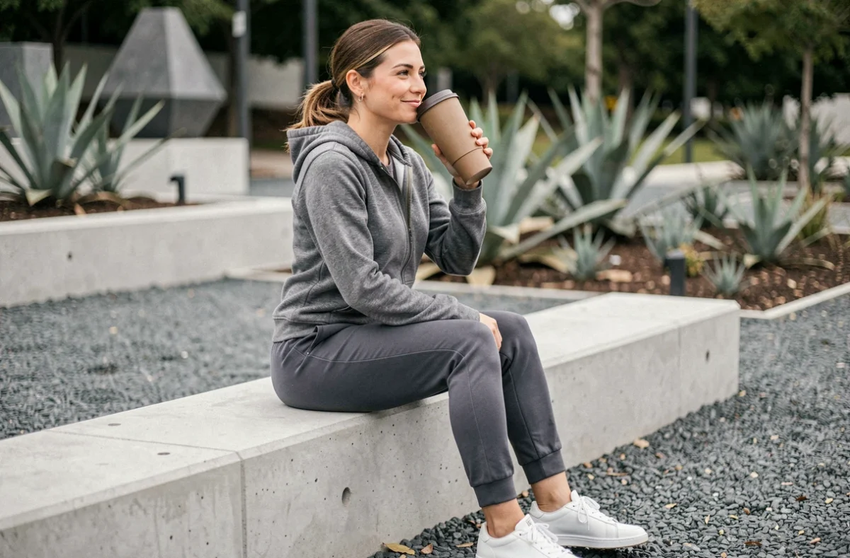 Femme assise dans un parc moderne portant un hoodie et pantalon de jogging WANABEE style sport chic au quotidien
