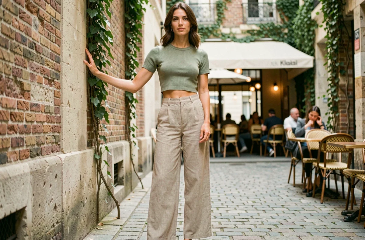 Jeune femme portant une tenue Kiabi tendance 2026, pantalon large en lin beige et top côtelé vert sauge, dans une cour urbaine pavée