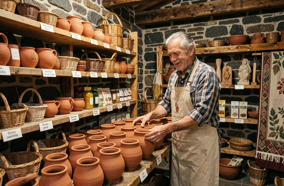 Intérieur du concept store artisanal Tout l'Art d'Ici à Orcines avec des poteries locales, des objets en bois sculptés et des textiles faits main sur des étagères en pierre et en bois