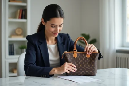 Femme inspectant le numéro de série d'un sac Louis Vuitton avec une facture posée sur un bureau en marbre blanc