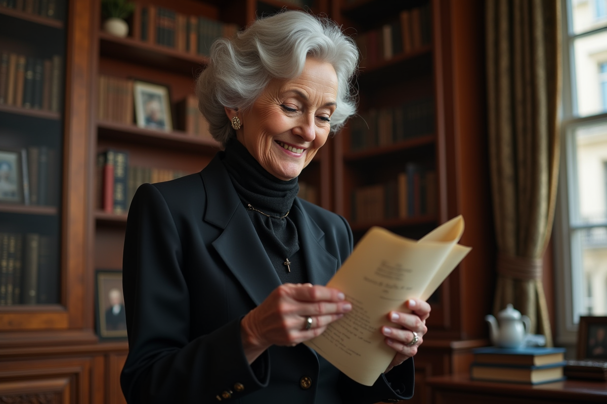 Femme âgée élégante examinant une lettre vintage dans un bureau luxueux