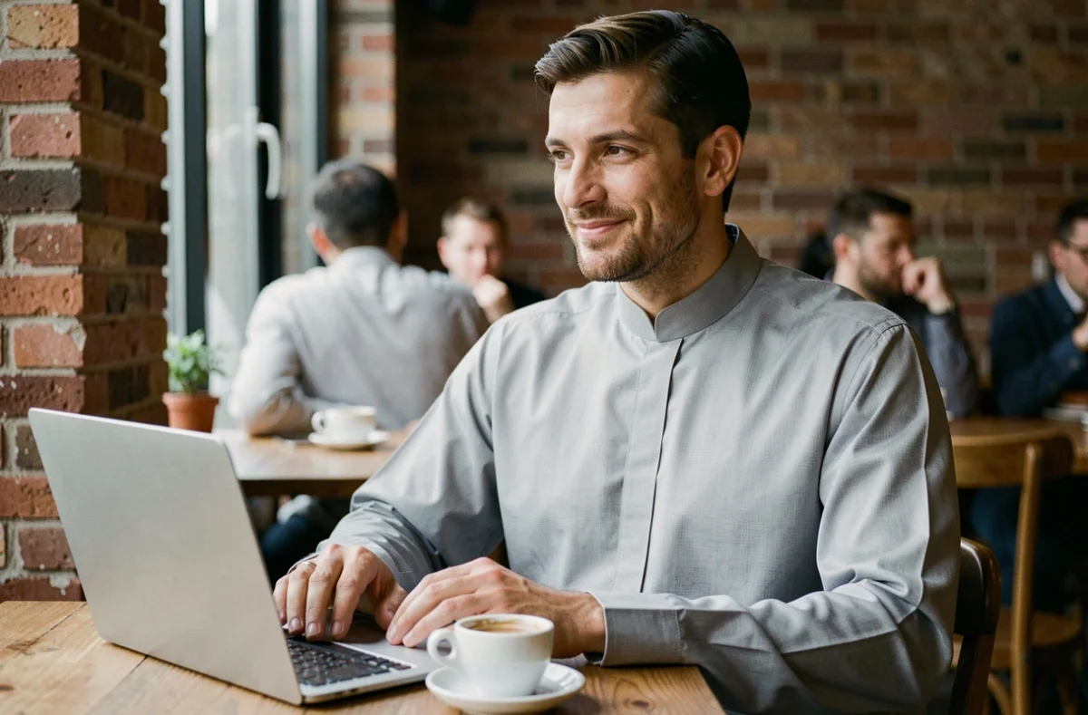 Homme en wassat gris moderne assis dans un café avec ordinateur portable, style contemporain et décontracté